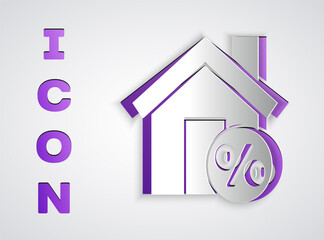 Paper cut House with percant discount tag icon isolated on grey background. House percentage sign price. Real estate home. Paper art style. Vector Illustration.