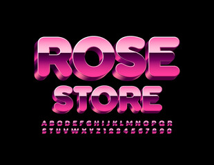 Vector glamour emblem Rose Store. Pink Metal Font. Reflective 3D Alphabet Letters and Numbers