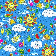 Summer seamless pattern with sun, cloud, water drops, toy, ice cream, watermelon, balloon, pencil, leaves, bird, airplane, kite, snail, ball. Cartoon background for children in bright colors 