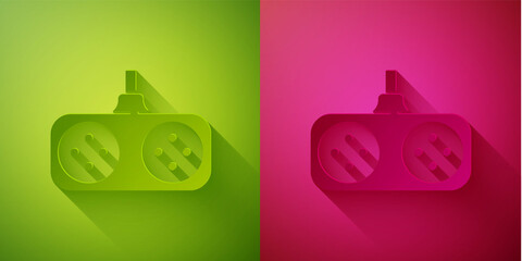 Paper cut Gamepad icon isolated on green and pink background. Game controller. Paper art style. Vector Illustration.