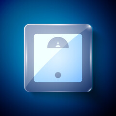 White Bathroom scales icon isolated on blue background. Weight measure Equipment. Weight Scale fitness sport concept. Square glass panels. Vector Illustration.