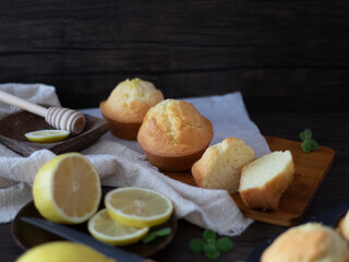 Lemon Muffins on Black Table with Copy Space. Lemon Cup Cakes Rustic Shot. Lemon Muffins Flatlay.