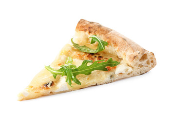 Slice of tasty cheese pizza with arugula isolated on white