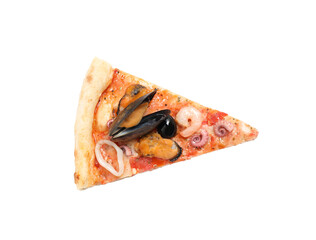 Slice of tasty pizza with seafood isolated on white, top view