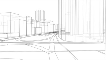 Sketch of 3D city with buildings and roads