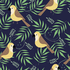Seamless pattern with birds and leaves Hand drawn cartoon cute animal background vector illustration