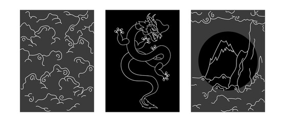 Set of templates in Japanese style. Dragon and clouds texture background.