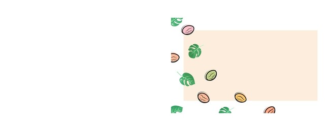 Pastel background with coffee beans and monstera leaves.
One-sided seamless pattern.
Vector design.