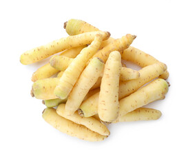 Whole fresh raw carrots isolated on white, top view