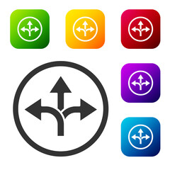 Black Road traffic sign. Signpost icon isolated on white background. Pointer symbol. Isolated street information sign. Direction sign. Set icons in color square buttons. Vector Illustration.