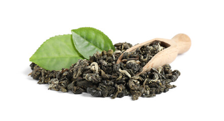 Fresh and dry leaves of tea plant with wooden scoop on white background