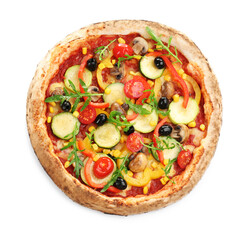 Delicious hot vegetable pizza on white background, top view