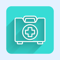 White line First aid kit icon isolated with long shadow. Medical box with cross. Medical equipment for emergency. Healthcare concept. Green square button. Vector Illustration.