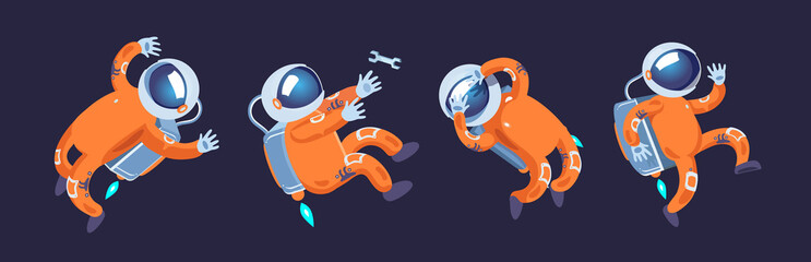 The astronaut in the orange suit in different poses in zero gravity. Vector illustration on a dark background.