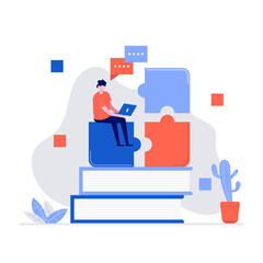 Online training, education vector illustration concept with characters and puzzle. Modern vector illustration in flat style for landing page, mobile app, poster, web banner, infographics, hero images