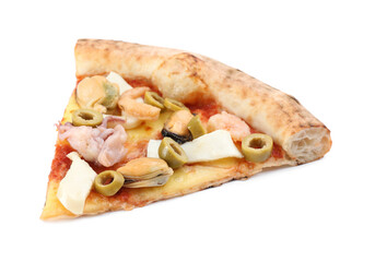 Slice of delicious seafood pizza isolated on white