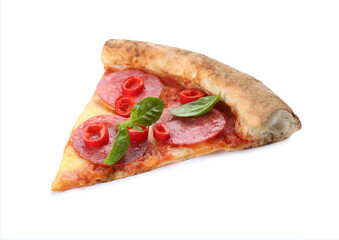 Slice of delicious pizza isolated on white