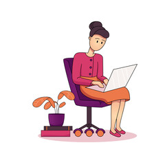 businesswoman working on laptop computer sitting in the chair. Concept of working at home. manager, remote job. cartoon style stock vector illustration isolated on white