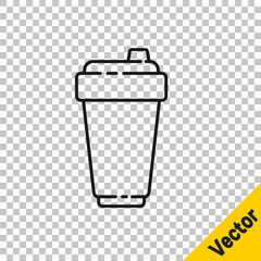 Black line Fitness shaker icon isolated on transparent background. Sports shaker bottle with lid for water and protein cocktails. Vector Illustration.
