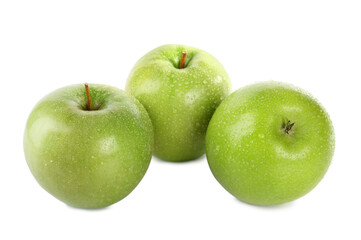 Fresh juicy green apples with water drops isolated on white