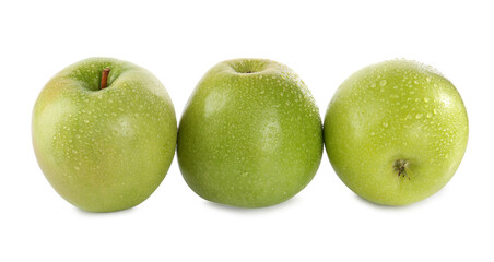 Fresh juicy green apples with water drops isolated on white