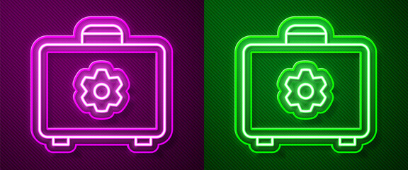 Glowing neon line Toolbox icon isolated on purple and green background. Tool box sign. Vector Illustration.