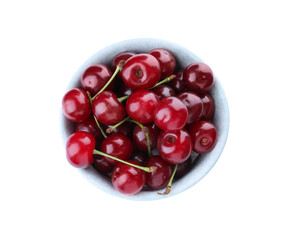 Sweet juicy cherries in bowl isolated on white, top view