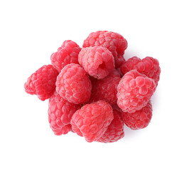 Pile of fresh ripe raspberries isolated on white, top view