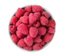 Delicious fresh ripe raspberries in bowl isolated on white, top view