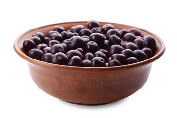 Fresh acai berries in bowl isolated on white