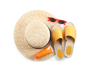 Composition with beach objects on white background, top view