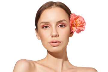 Close up portrait of beautiful young girl with fresh skin and makeup with rose flower. Facial treatment . Cosmetology , beauty and spa .