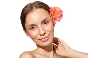 Close up portrait of beautiful young girl with fresh skin and makeup with rose flower. Facial treatment . Cosmetology , beauty and spa .
