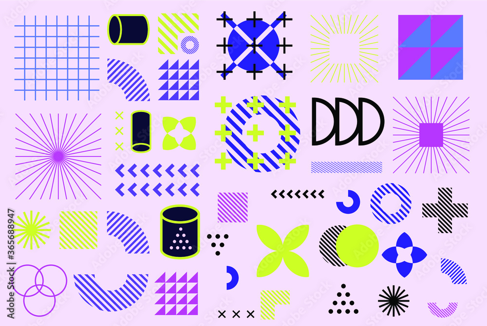 Aufkleber Minimal artwork with different colorful shapes and figures. Neo-memphis mid century modern composition of simple bold forms.