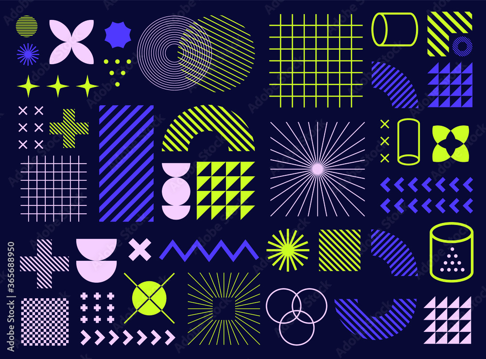 Poster Minimal artwork with different colorful shapes and figures. Neo-memphis mid century modern composition of simple bold forms.