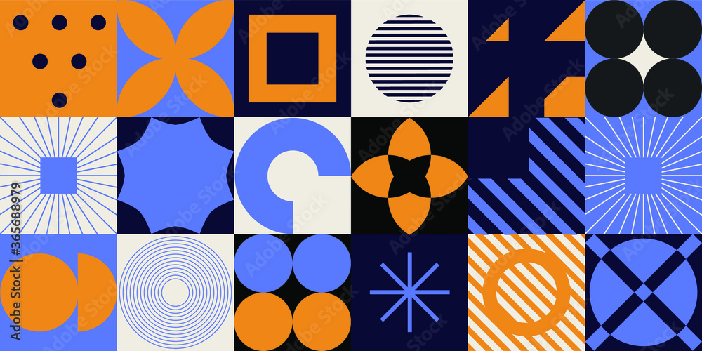 Poster Modern geometric seamless pattern with bold simple shapes in Bauhaus and Neo-memphis retrofuturistic style. Trendy vivid fashion print with minimal composition.
