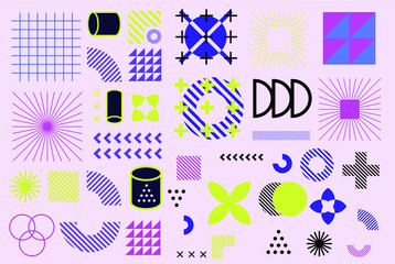 Minimal artwork with different colorful shapes and figures. Neo-memphis mid century modern composition of simple bold forms.