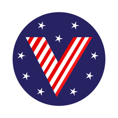 Vote circle sticker or label in colors and symbols of USA flag, American elections, vote sign. Letter V as a symbol of voting and choice. Vote badge or pin