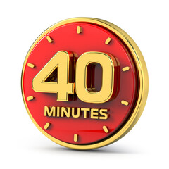 Golden 40 minutes on red background. 40 min gold. 3d illustration.