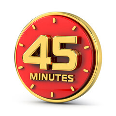 Golden 45 minutes on red background. 45 min gold. 3d illustration.