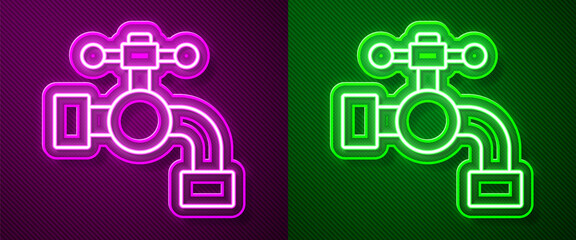 Glowing neon line Water tap icon isolated on purple and green background. Vector Illustration.