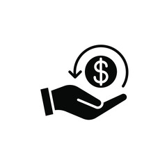 Cashback icon, return money. Two hand holding dollar Coin With refresh arrow For salary financial investment icon. invest finance. solid style. Vector illustration. Design on white background. EPS10