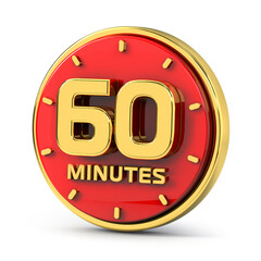 Golden 60 minutes on red background. 60 min gold. 3d illustration.