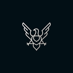 Line Eagle Logo With Luxury, Silver Colour Isolated In Black Background. Vector Illustration
