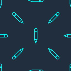 Green line Pencil with eraser icon isolated seamless pattern on blue background. Drawing and educational tools. School office symbol. Vector Illustration.