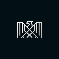 Line Eagle Logo With Luxury, Silver Colour Isolated In Black Background. Vector Illustration