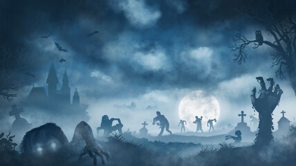 Zombies rising from graveyard in scary and spooky night, Halloween background concept. Digital painting from my imagination.