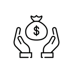 save money icon, salary money in bag. Two hand holding dollar. pay investment and deposit. Money Charity. Cost and revenue. Silhoutte line Vector illustration Design on white background. EPS10