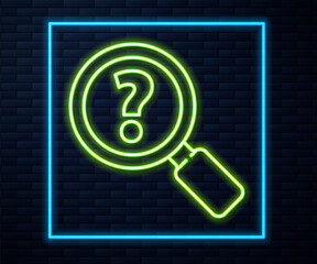 Obraz premium Glowing neon line Unknown search icon isolated on brick wall background. Magnifying glass and question mark. Vector Illustration.