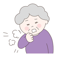 Elderly woman having a terrible cough. Vector illustration isolated on white background.